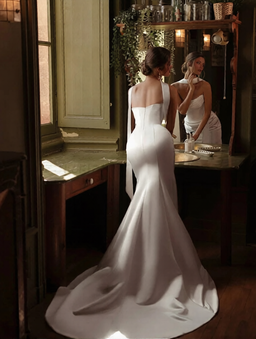 Robe de mariée sirène chic de la marque Robe de mariée Paris, détail en dentelle et bustier élégant, vue en gros plan