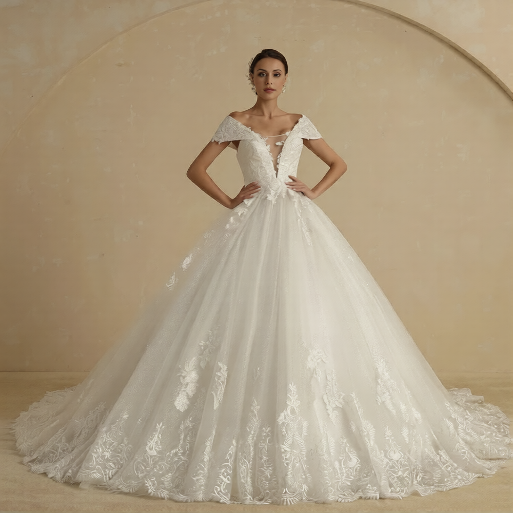 Robe de mariée ange de Robe de mariée Paris, détail en dentelle blanche avec bustier et jupe fluide élégante.
