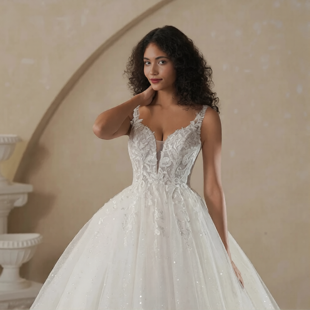 Robe de mariée bouffante de la marque Robe de mariée Paris, avec bustier en dentelle et jupe volumineuse en satin blanc.