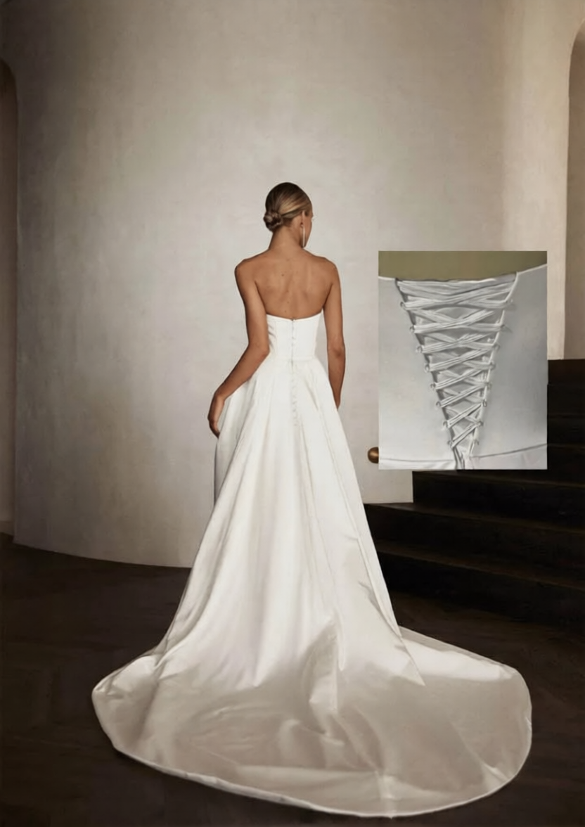 Robe de mariée sirène avec traîne de la marque Robe de mariée Paris, en satin blanc, vue de face sur mannequin élégamment vêtue.