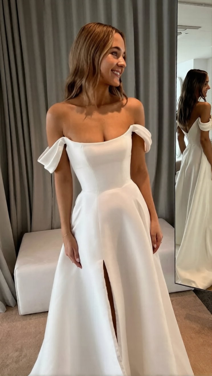 Robe de mariée asymétrique de Robe de mariée Paris, longue, élégante, en tissu blanc avec détails sophistiqués visible sur l'image.