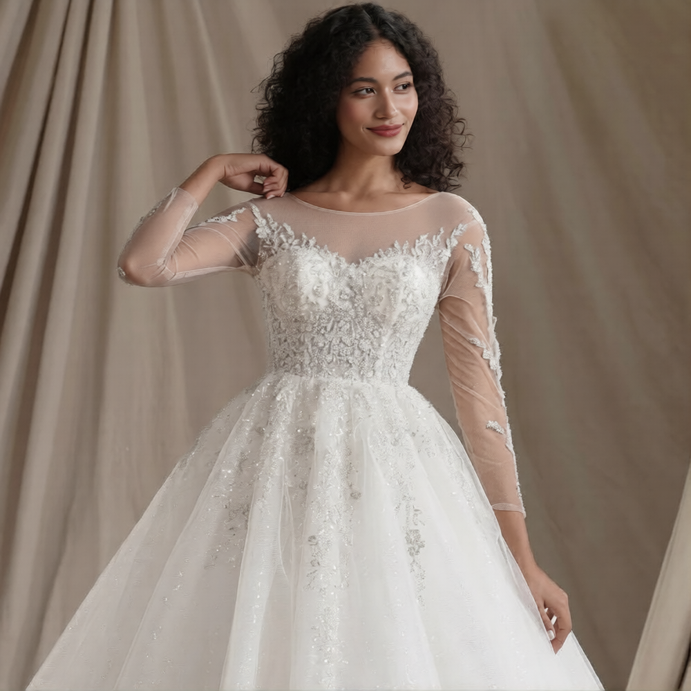 Robe de mariée paillette de la marque Robe de mariée Paris, détails scintillants et tissu élégant visible sur cette image.