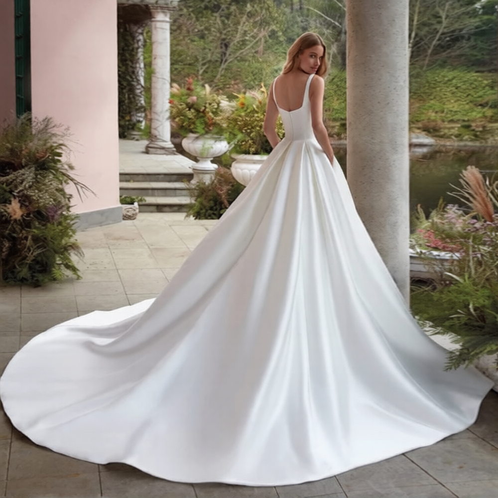 Robe de mariée col américain de Robe de mariée Paris, design élégant avec drapé et détails raffinés en tissu blanc.