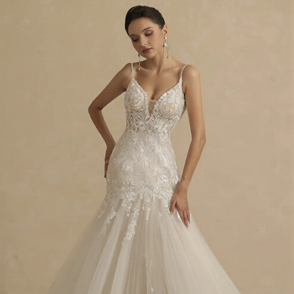 Robe de mariée blanche et or de Robe de mariée Paris, détails en or, élégante, avec bustier et jupe fluide.