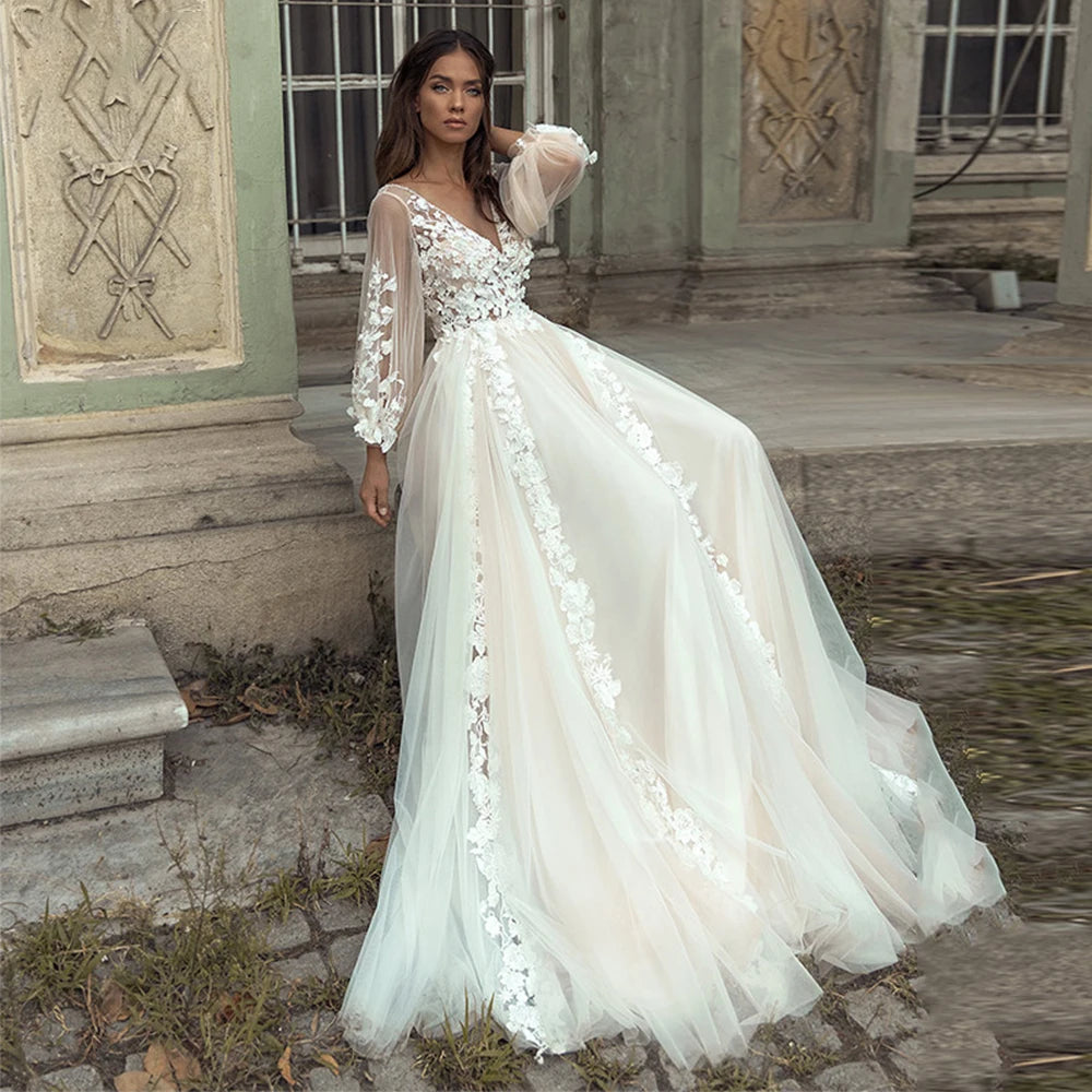 Robe de mariée bohème 2023 avec dentelle délicate, décolleté en V et jupe fluide, portée par une mariée lors d'une cérémonie nuptiale.