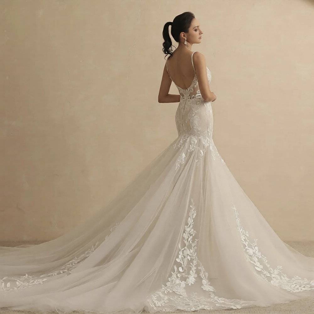 Robe de mariée blanche et or de Robe de mariée Paris avec dentelle élégante et ceinture dorée.