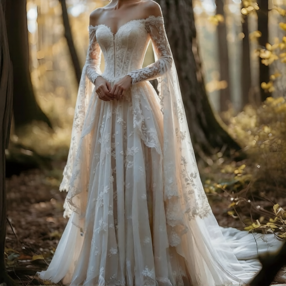 Robe de mariée médiévale chic de la marque Robe de mariée Paris, avec détails en dentelle et tissu élégant.