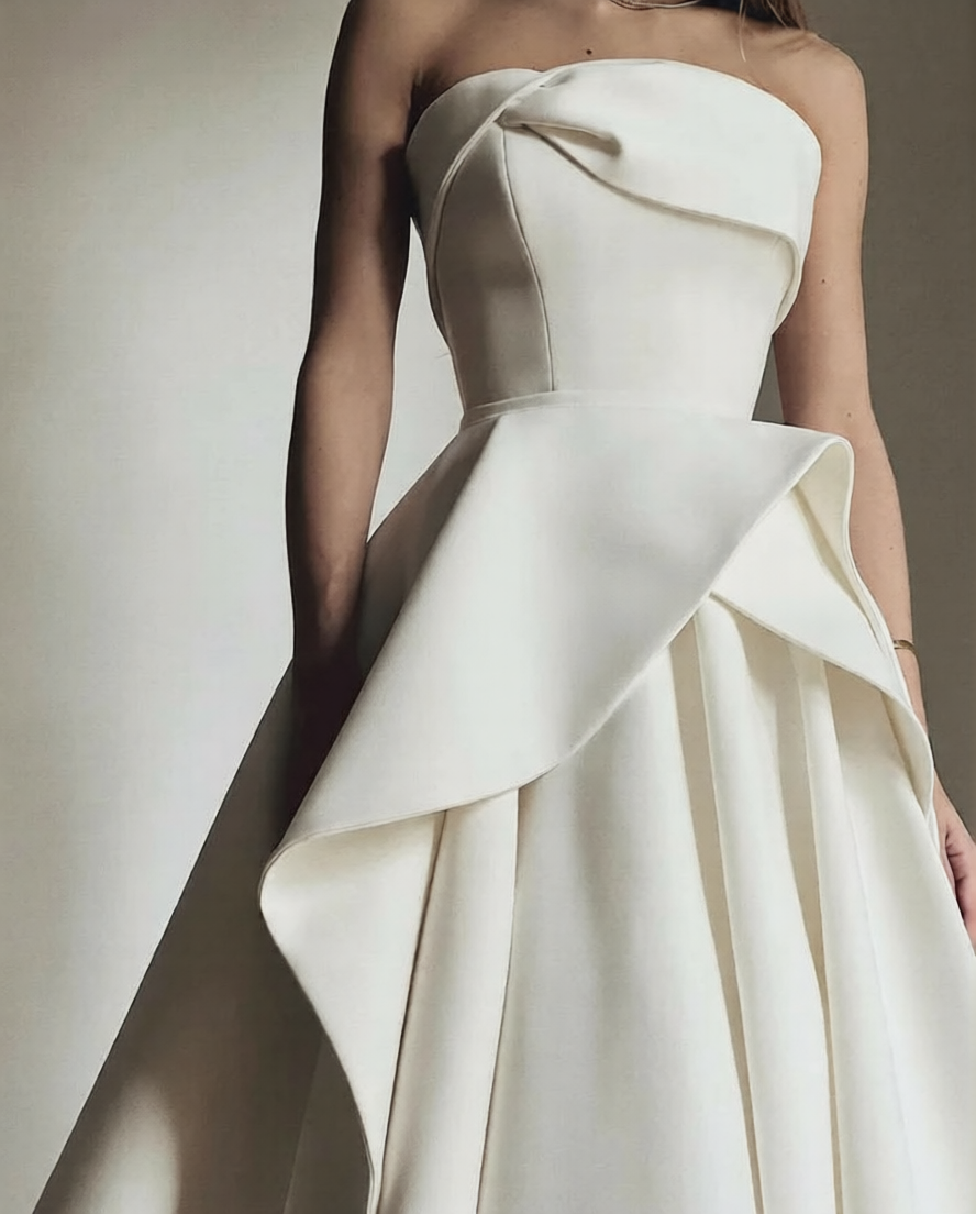 Robe de mariée col bateau de la marque Robe de mariée Paris, détail de la coupe élégante et du tissu en satin blanc.
