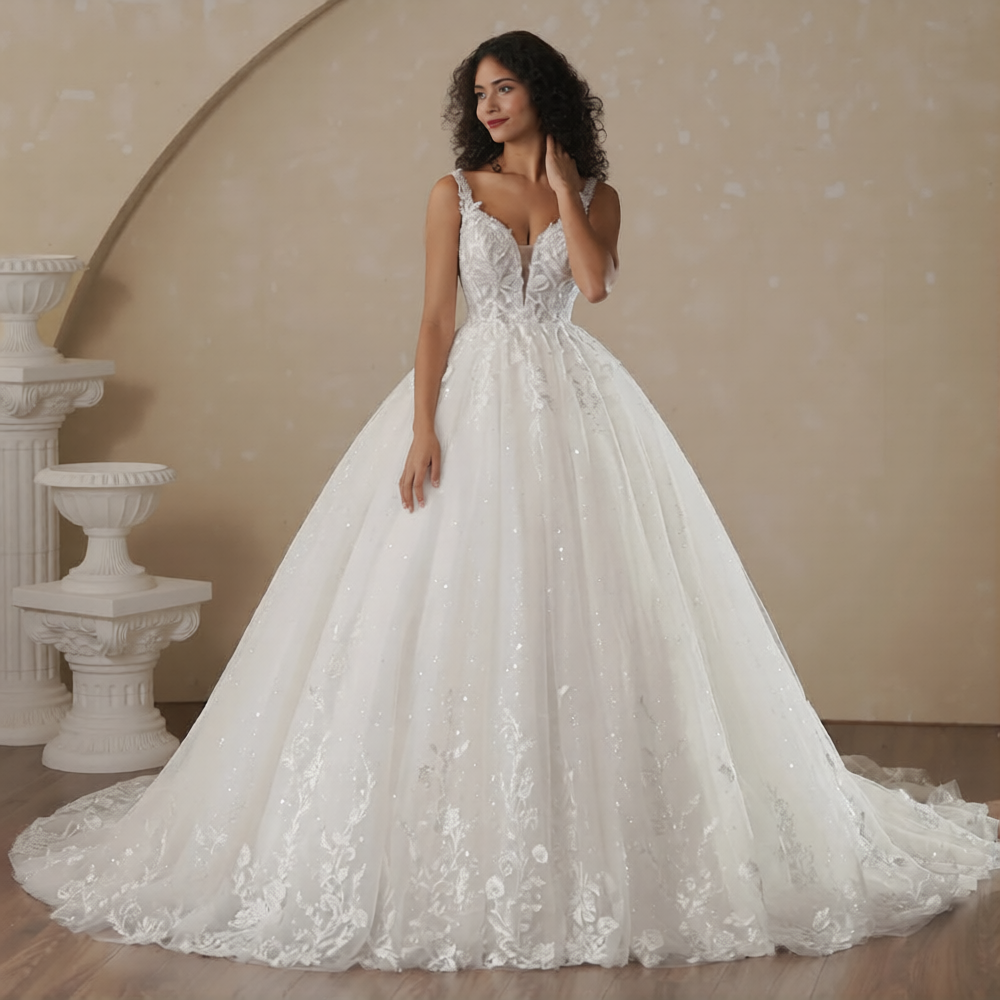 Robe de mariée bouffante de la marque Robe de mariée Paris, avec jupe ample et détails élégants, vue en gros plan.