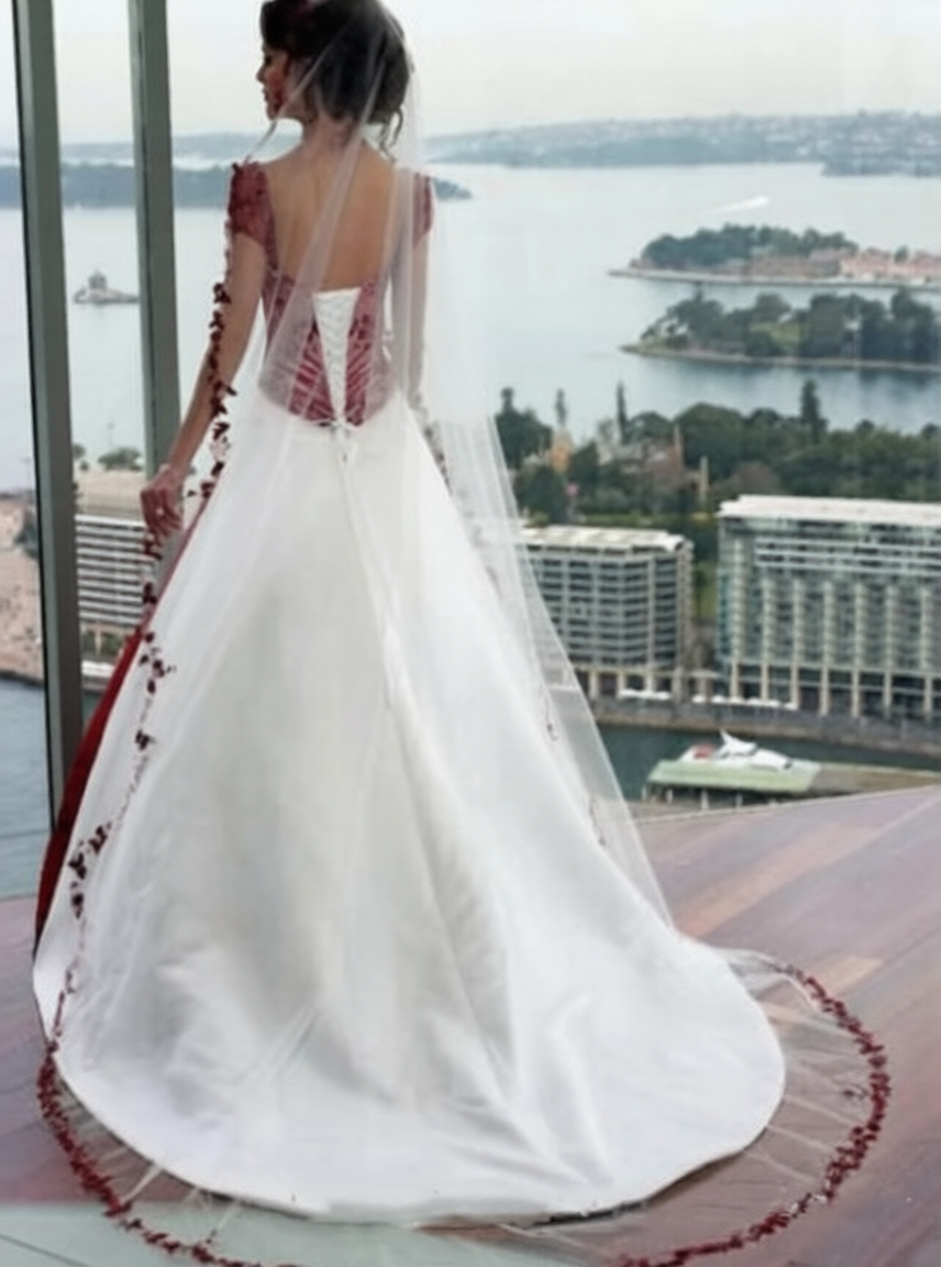 Robe de mariée rouge et blanche de Robe de Mariée Paris, détail de la dentelle et du tissu élégant pour mariage.