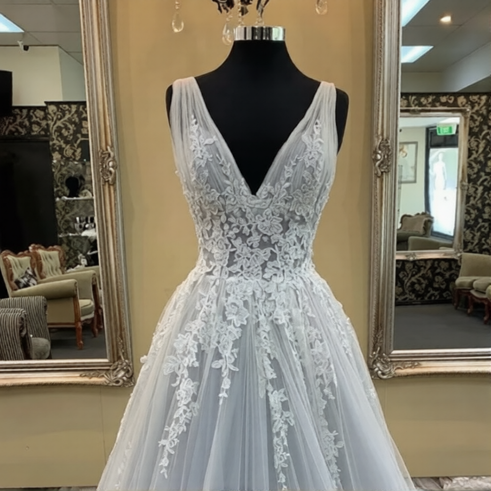 Robe de mariée ancienne de la marque Robe de Mariée Paris, détail en dentelle et voile élégant, vue en gros plan.