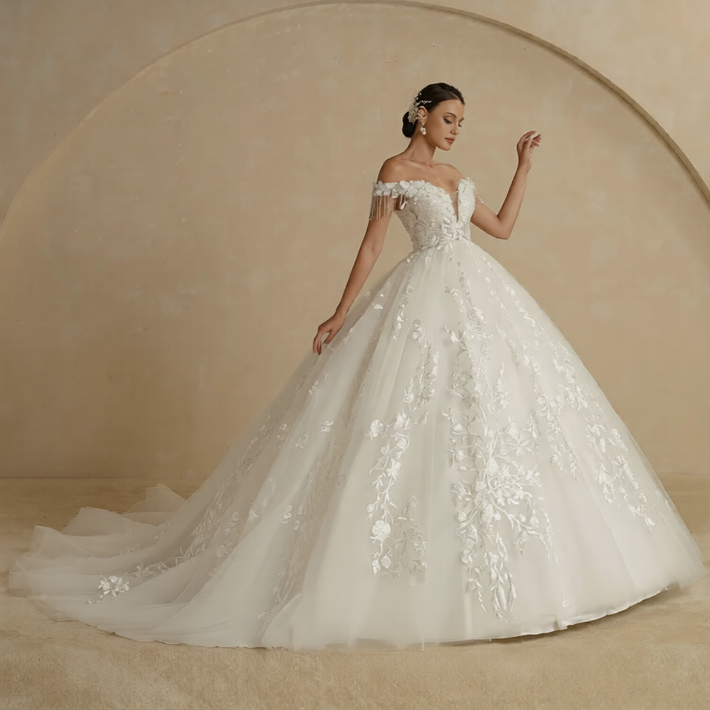 Robe de mariée princesse longue traîne de la marque Robe de Mariée Paris, avec dentelle et bustier ajusté.