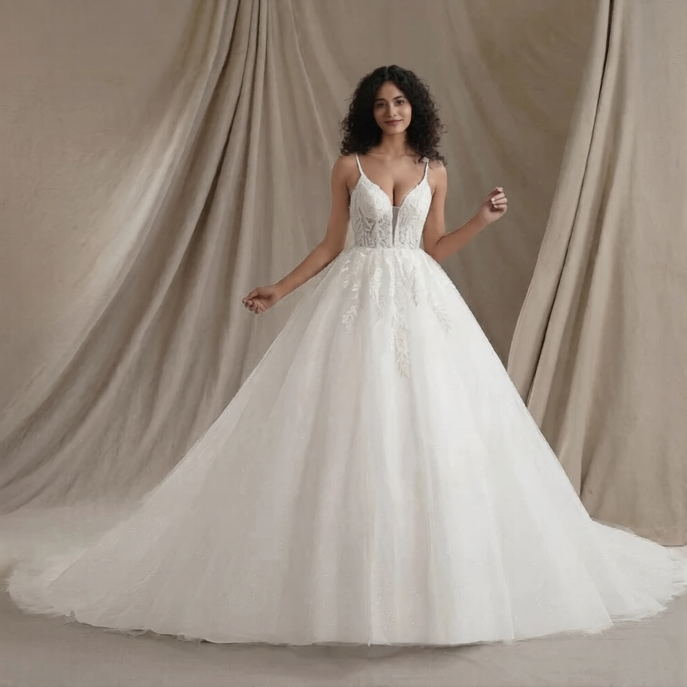 Robe de mariée empire blanche de la marque Robe de Mariée Paris, détail en dentelle et satin avec décolleté élégant.