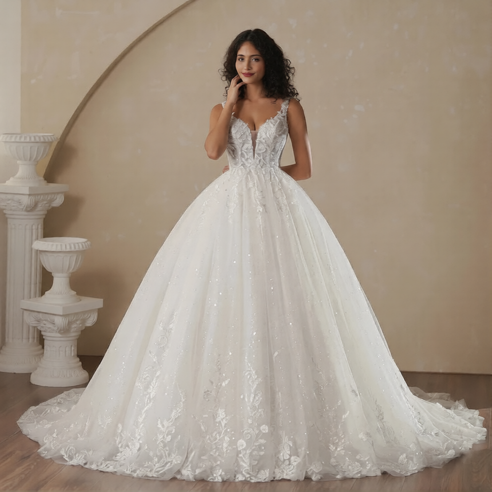 Robe de mariée bouffante de Robe de mariée Paris avec bustier en dentelle et jupe volumineuse en tulle blanc.