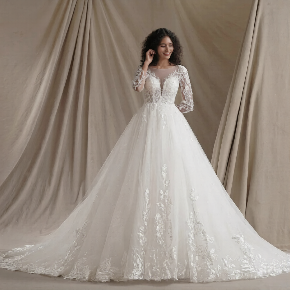Robe de mariée transparente Robe de mariée Paris avec dentelle élégante et fine, portée avec voile en tulle et détails floraux.