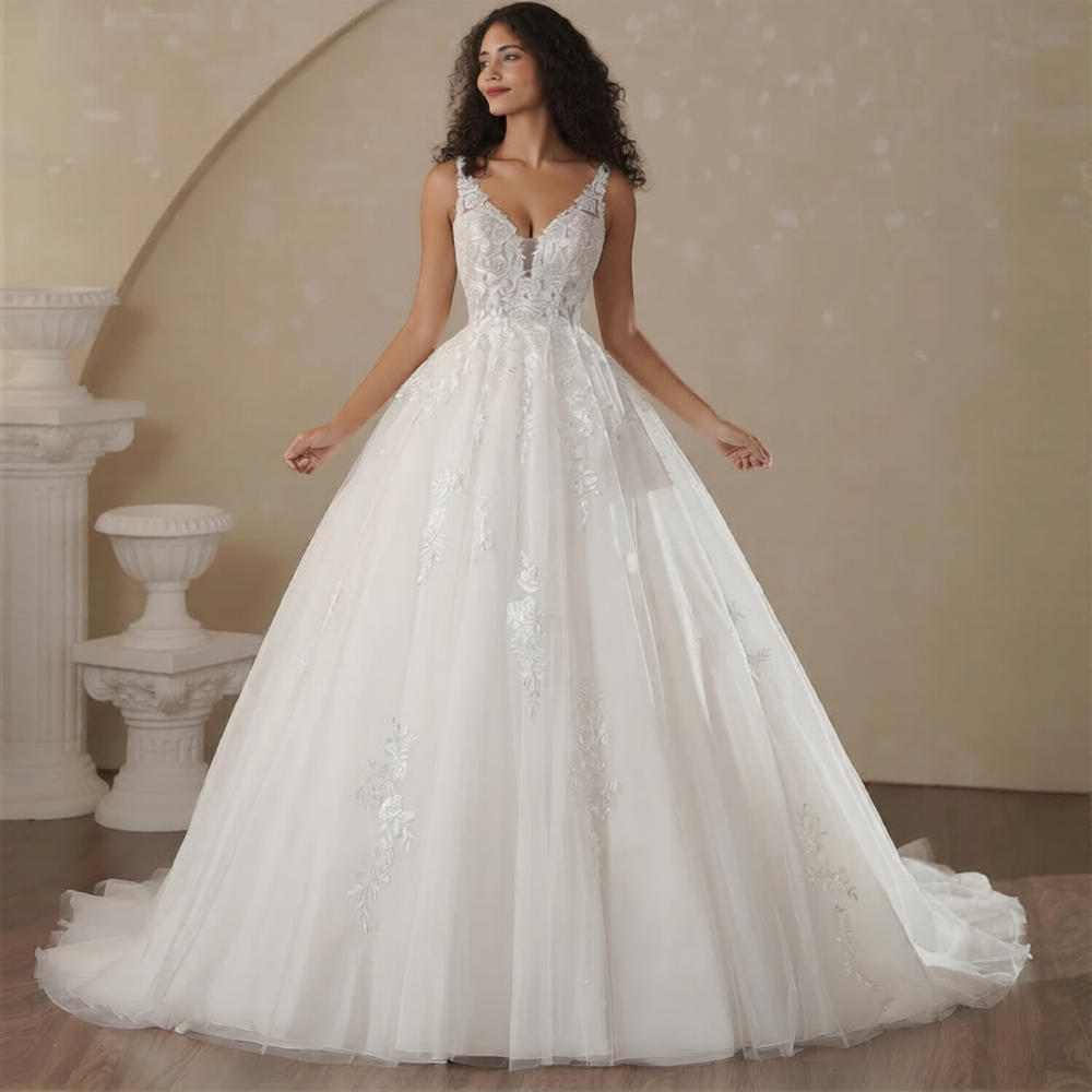Robe de mariée bretelle élégante de la marque Robe de mariée Paris, avec détails en dentelle et coupe fluide.