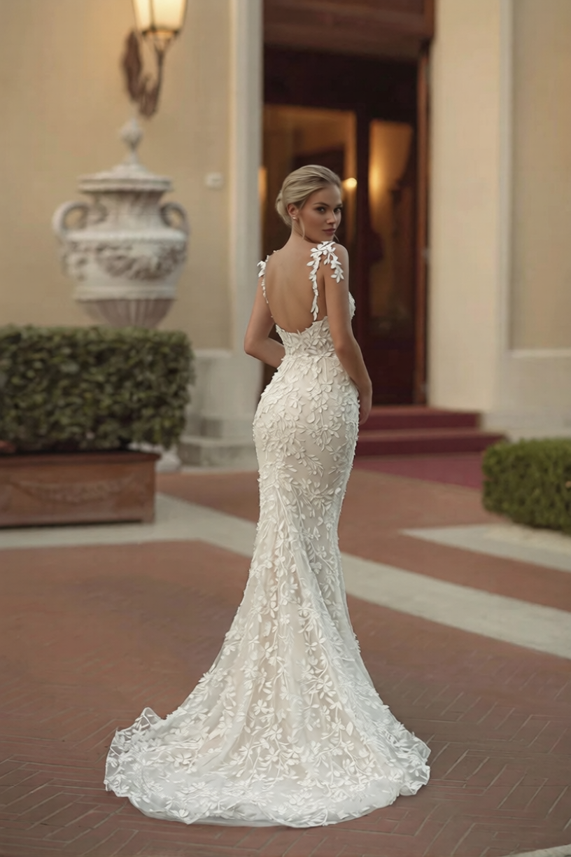 Robe de mariée sirène princesse Robe de mariée Paris avec dentelle, décolleté en V et jupe évasée, vue de face.