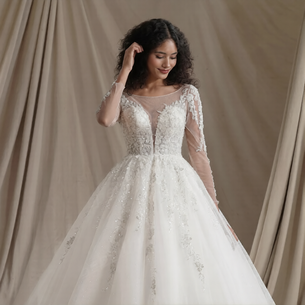 Robe de mariée gitane de Robe de mariée Paris, satin blanc avec dentelle, encolure en V et détails floraux élégants.