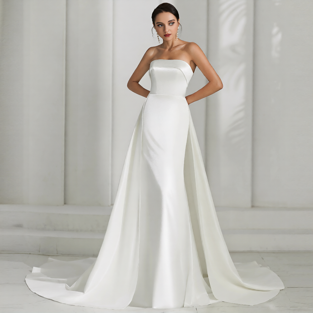 Robe de mariée petite, élégante, avec dentelle et bustier ajusté, de la marque Robe de mariée Paris, portée élégamment.