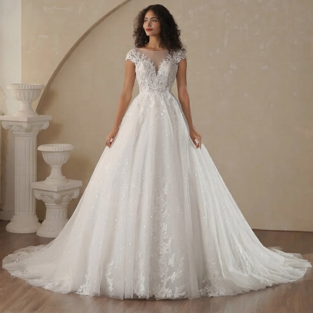 Robe de mariée trapèze blanche avec dentelle élégante, vue frontale, par Robe de Mariée Paris.