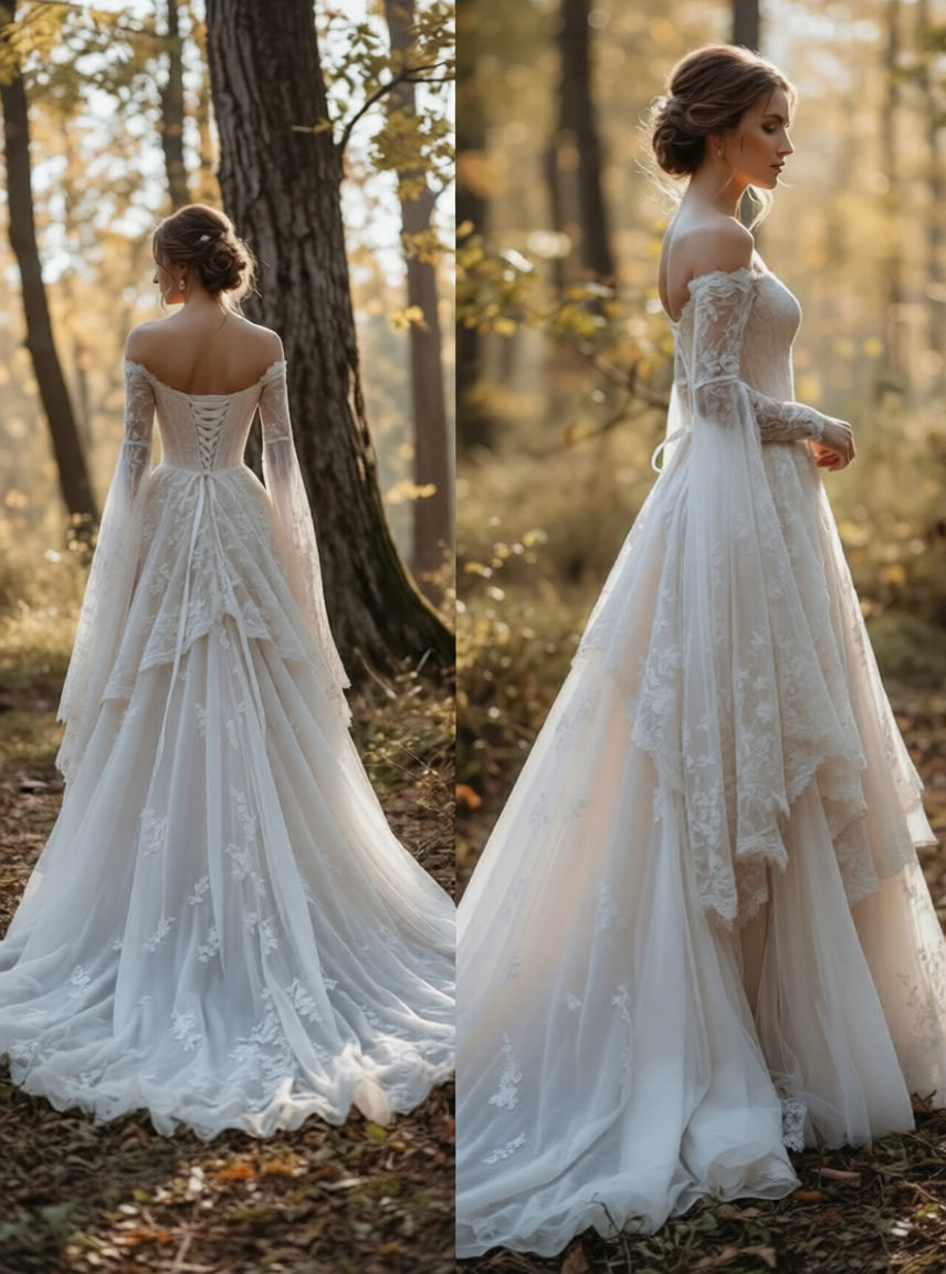 Robe de mariée médiévale de Robe de mariée Paris, élégante avec corsage brodé et jupe fluide, vue de face.