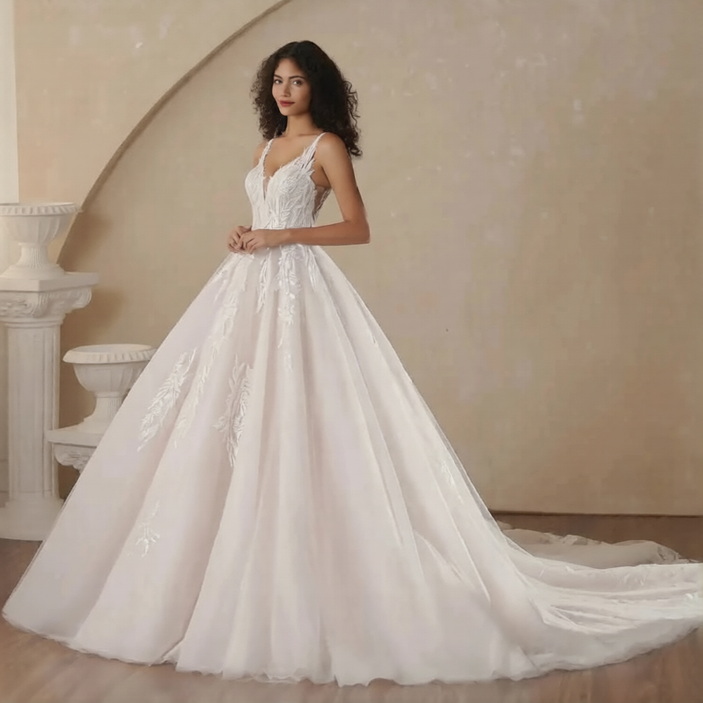 Robe de mariée fine avec bretelles délicates, conçue par Robe de mariée Paris, en tissu blanc élégante et sophistiquée.