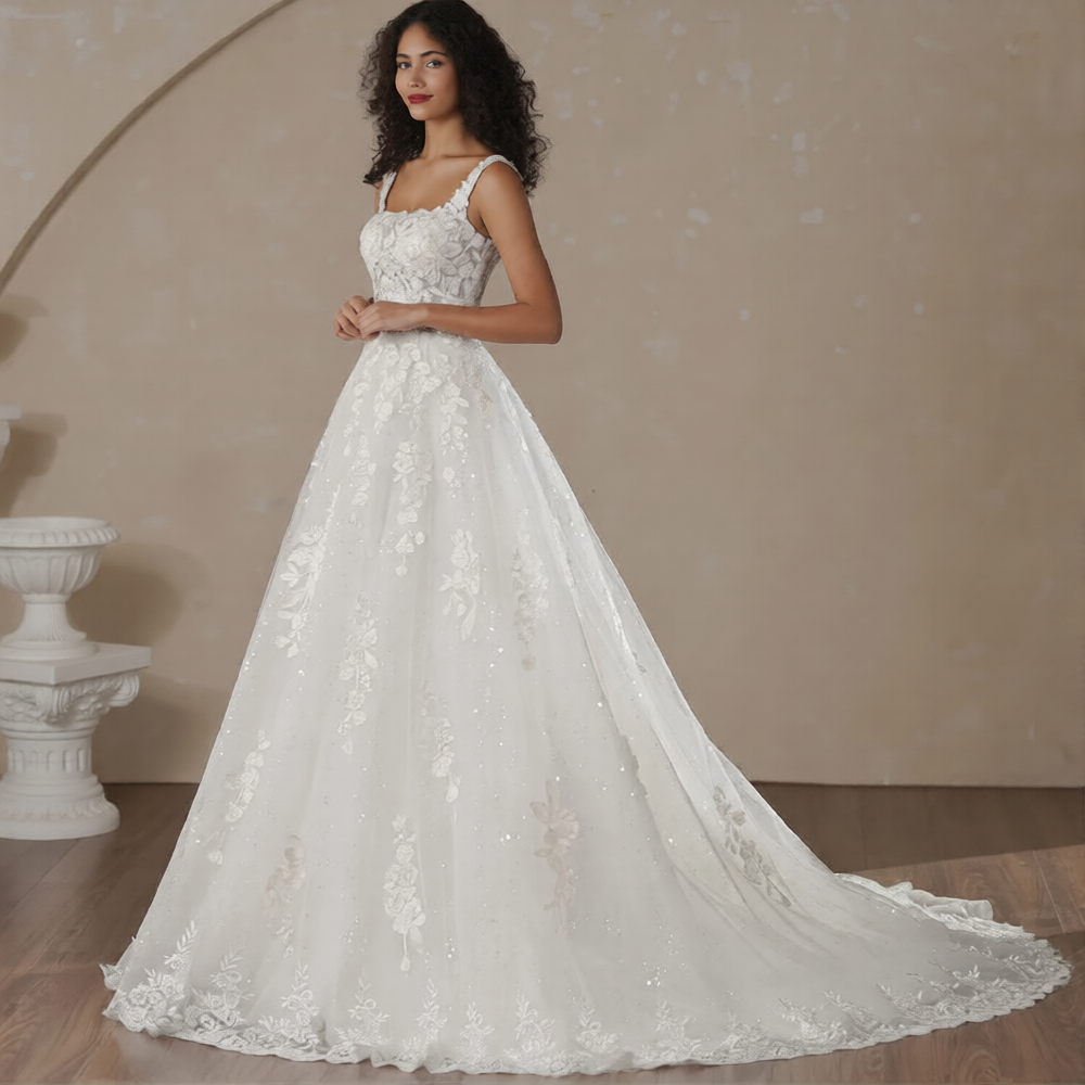 Robe de mariée fleur de la marque Robe de mariée Paris, avec détails floraux en tissu blanc et design élégant.