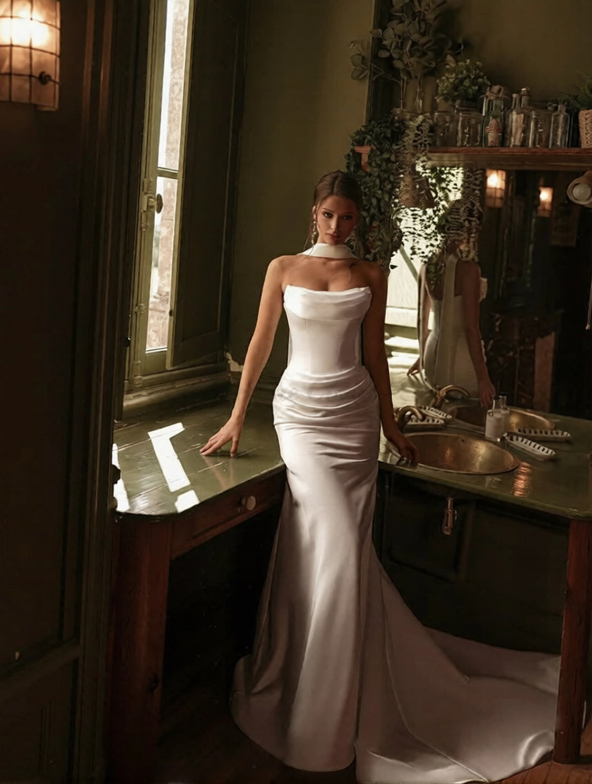 Robe de mariée sirène chic de Robe de mariée Paris, en tissu élégant avec détails sophistiqués, vue de face.