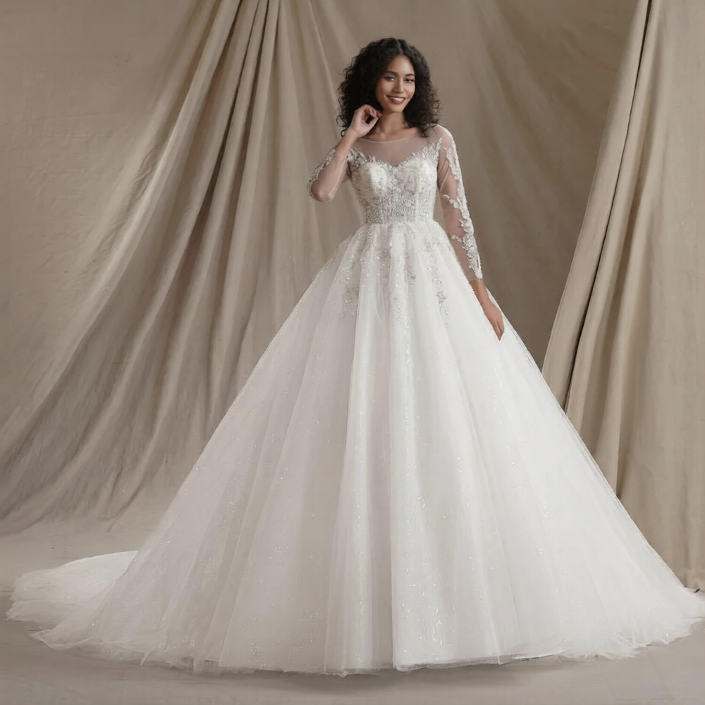 Robe de mariée paillette de la marque Robe de mariée Paris, détail des paillettes brillantes sur la robe blanche élégante.